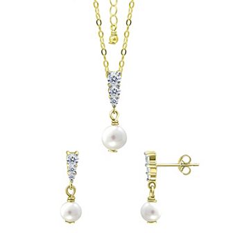 Aleure Precioso 18k Gold Over Silver Triple Cubic Zirconia & Freshwater Cultured Pearl Drop Pendant Necklace & Earrings Set