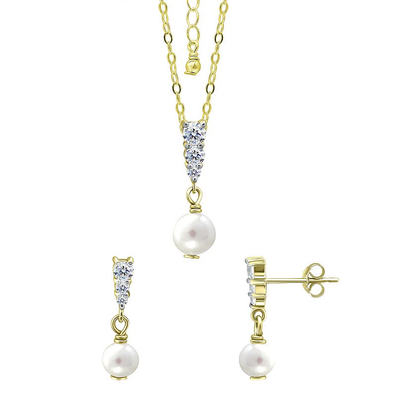 Aleure Precioso 18k Gold Over Silver Triple Cubic Zirconia & Freshwater Cultured Pearl Drop Pendant Necklace & Earrings Set, Women's,
