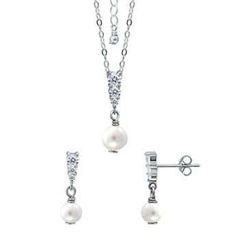 Aleure Precioso 18k Gold Over Silver Triple Cubic Zirconia & Freshwater Cultured Pearl Drop Pendant Necklace & Earrings Set