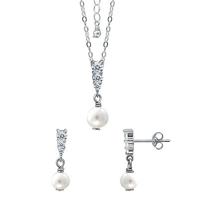 14k Yellow Gold Plated Sterling Silver CZ and Pearl Drop Necklace 14k Yellow Gold Plated Sterling Silver CZ and Pearl Drop Necklace
