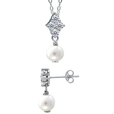 Aleure Precioso 18k Gold Over Silver Cubic Zirconia & Freshwater Cultured Pearl Drop Pendant Necklace & Earrings Set