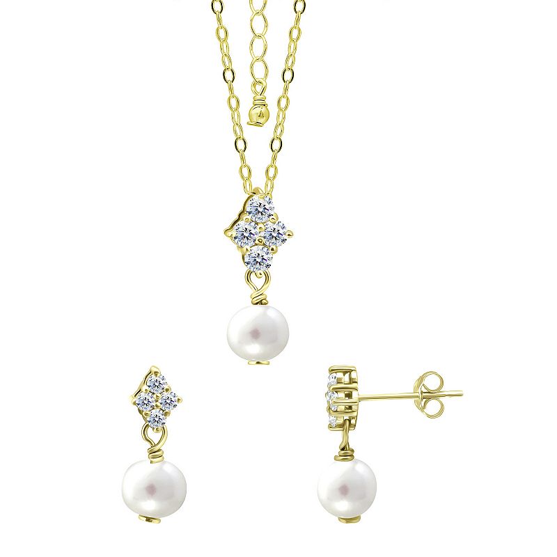 Aleure Precioso 18k Gold Over Silver Cubic Zirconia & Freshwater Cultured Pearl Drop Pendant Necklace & Earrings Set, Women's,