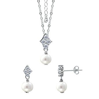 Aleure Precioso 18k Gold Over Silver Cubic Zirconia & Freshwater Cultured Pearl Drop Pendant Necklace & Earrings Set