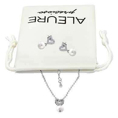 Aleure Precioso 18k Gold Over Silver Heart Shaped Cubic Zirconia & Freshwater Cultured Pearl Drop Pendant Necklace & Earrings Set