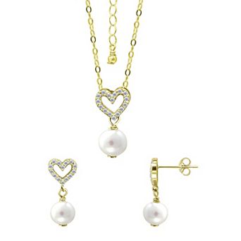 Aleure Precioso 18k Gold Over Silver Heart Shaped Cubic Zirconia & Freshwater Cultured Pearl Drop Pendant Necklace & Earrings Set