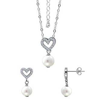 Aleure Precioso 18k Gold Over Silver Heart Shaped Cubic Zirconia & Freshwater Cultured Pearl Drop Pendant Necklace & Earrings Set