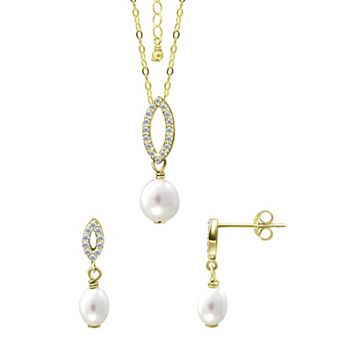 Aleure Precioso 18k Gold Over Silver Open Oval Cubic Zirconia & Freshwater Cultured Pearl Drop Pendant Necklace & Earrings Set