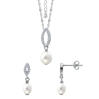 Aleure Precioso 18k Gold Over Silver Open Oval Cubic Zirconia & Freshwater Cultured Pearl Drop Pendant Necklace & Earrings Set