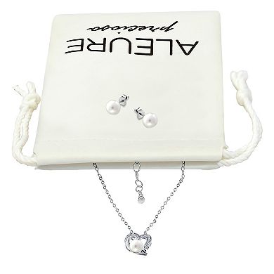 Aleure Precioso 18k Gold Over Silver Heart Shaped Cubic Zirconia & Freshwater Cultured Pearl Pendant Necklace & Stud Earrings Set