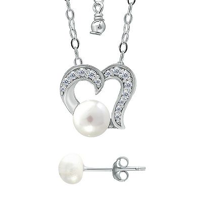 Aleure Precioso 18k Gold Over Silver Heart Shaped Cubic Zirconia & Freshwater Cultured Pearl Pendant Necklace & Stud Earrings Set