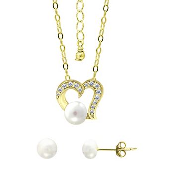 Aleure Precioso 18k Gold Over Silver Heart Shaped Cubic Zirconia & Freshwater Cultured Pearl Pendant Necklace & Stud Earrings Set