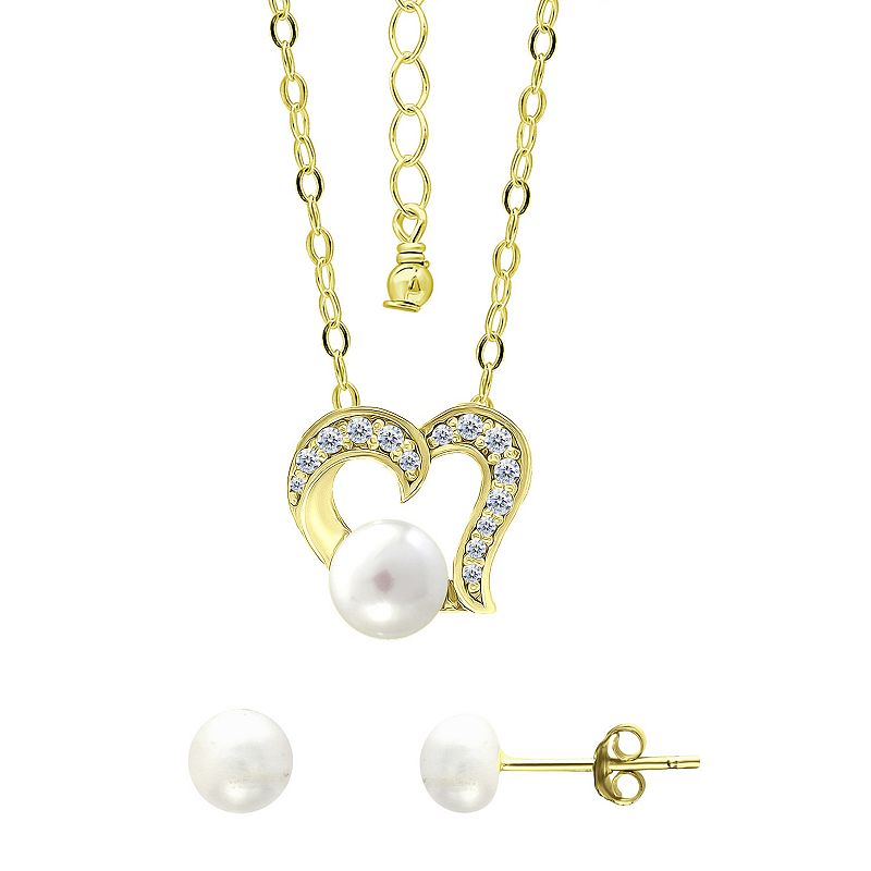 Aleure Precioso 18k Gold Over Silver Heart Shaped Cubic Zirconia & Freshwater Cultured Pearl Pendant Necklace & Stud Earrings Set, Women's,
