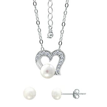 Aleure Precioso 18k Gold Over Silver Heart Shaped Cubic Zirconia & Freshwater Cultured Pearl Pendant Necklace & Stud Earrings Set