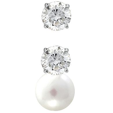 Aleure Precioso 18k Gold Over Silver 2 Pair Cubic Zirconia & Freshwater Cultured Pearl Stud Earrings Set