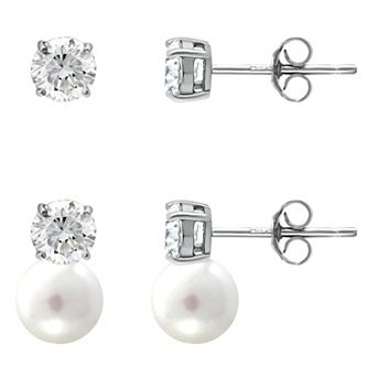 Aleure Precioso 18k Gold Over Silver 2 Pair Cubic Zirconia & Freshwater Cultured Pearl Stud Earrings Set