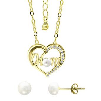 Aleure Precioso 18k Gold Over Silver Cubic Zirconia & Freshwater Cultured Pearl "Mom" Heart Pendant Necklace & Stud Earrings Set