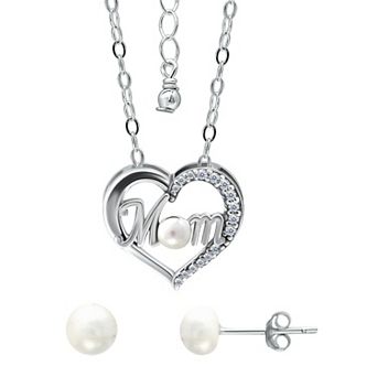 Aleure Precioso 18k Gold Over Silver Cubic Zirconia & Freshwater Cultured Pearl "Mom" Heart Pendant Necklace & Stud Earrings Set