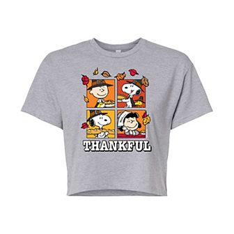 Juniors' Peanuts Thankful Cropped Graphic Tee