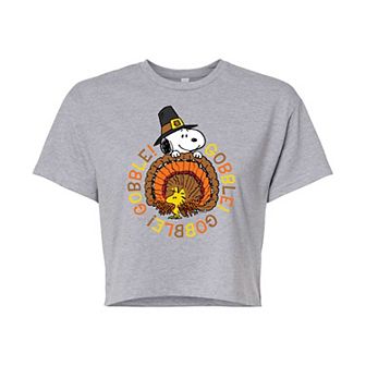 Juniors' Peanuts Gobble Cropped Graphic Tee