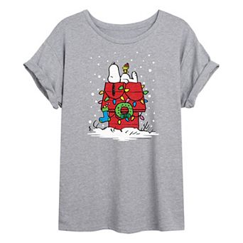 Juniors' Peanuts Holiday House Oversized Graphic Tee