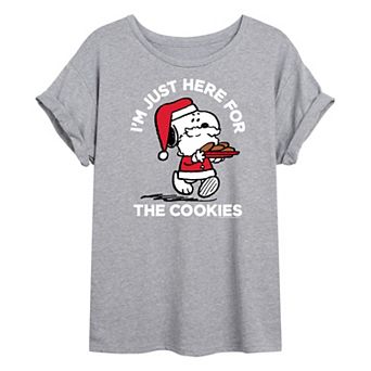 Juniors' Peanuts Santa Cookies Oversized Graphic Tee