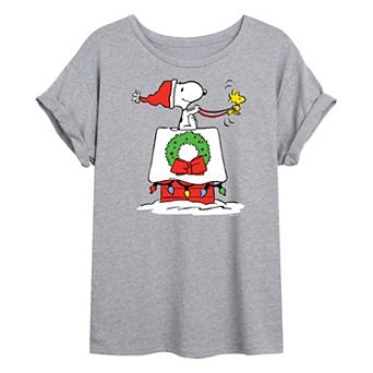 Juniors' Peanuts Sleigh House Oversized Graphic Tee