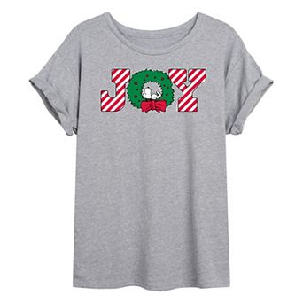 Juniors' Peanuts Joy Wreath Oversized Graphic Tee