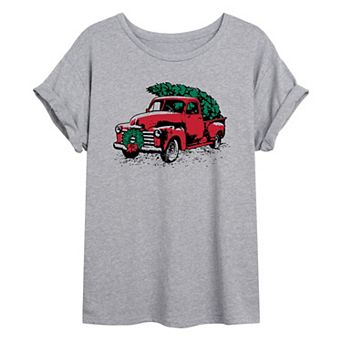 Juniors' Christmas Truck Tree Oversized Tee