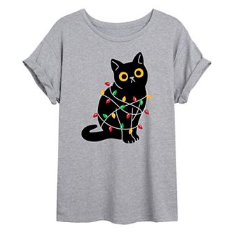 Juniors' Christmas Cat Lights Oversized Tee
