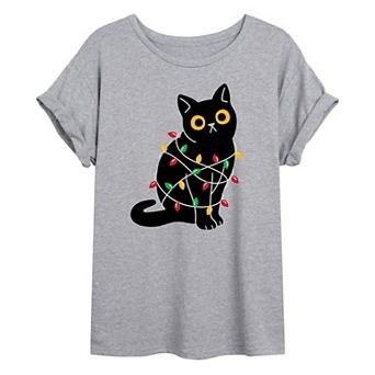 Juniors' Christmas Cat Lights Oversized Tee