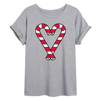 Juniors' Candy Cane Heart Oversized Graphic Tee
