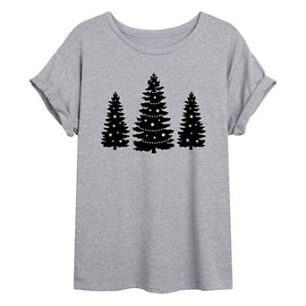 Juniors' Black Christmas Trees Oversized Graphic Tee