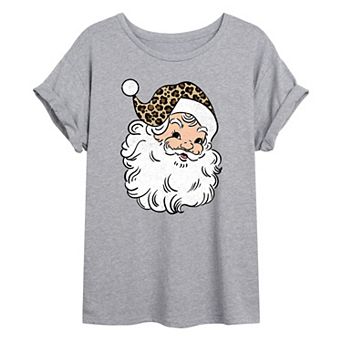 Juniors' Vintage Leopard Santa Oversized Graphic Tee