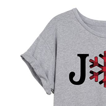 Juniors' Plaid Joy Snowflake Oversized Graphic Tee