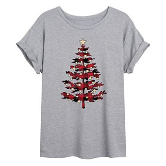 Juniors' Plaid Christmas Tree Oversized Graphic Tee