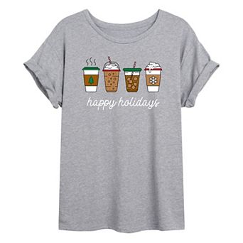 Juniors' Happy Holidays Coffee Oversized Graphic Tee