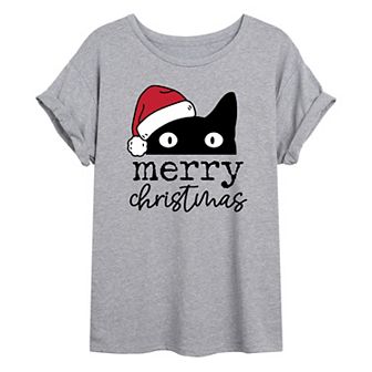 Juniors' "Merry Christmas" Cat With Hat Oversized Graphic Tee