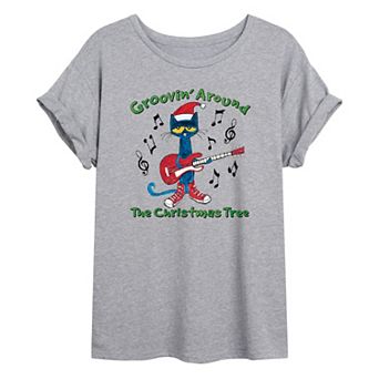 Juniors' Pete The Cat "Groovin Around The Christmas Tree" Oversized Graphic Tee