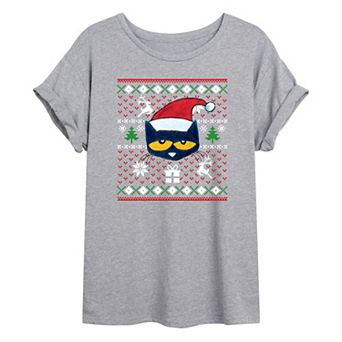 Juniors' Pete The Cat Ugly Christmas Oversized Graphic Tee
