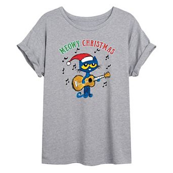 Juniors' Pete The Cat "Meowy Christmas" Oversized Graphic Tee