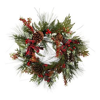 24-Inch Berries & Pinecone Ribbon Rattan Artificial Christmas Wreath