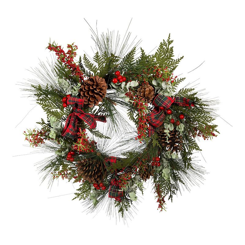 24-Inch Berries & Pinecone Ribbon Rattan Artificial Christmas Wreath, Green