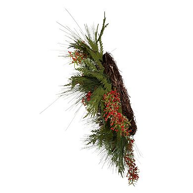 24-Inch Berries & Pinecone Ribbon Rattan Artificial Christmas Wreath