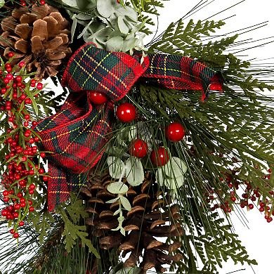 24-Inch Berries & Pinecone Ribbon Rattan Artificial Christmas Wreath