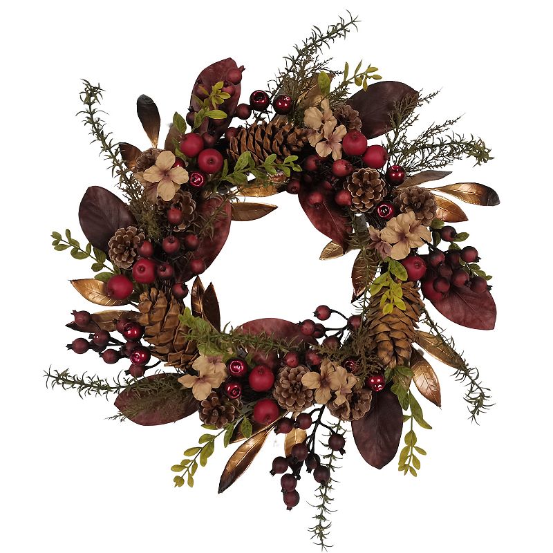 24-Inch Berries & Pinecone Burgundy Rattan Artificial Christmas Wreath, Mul