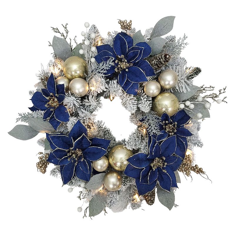 Blue Gold Finish Artificial Poinsettia Flocked Wreath, Multicolor