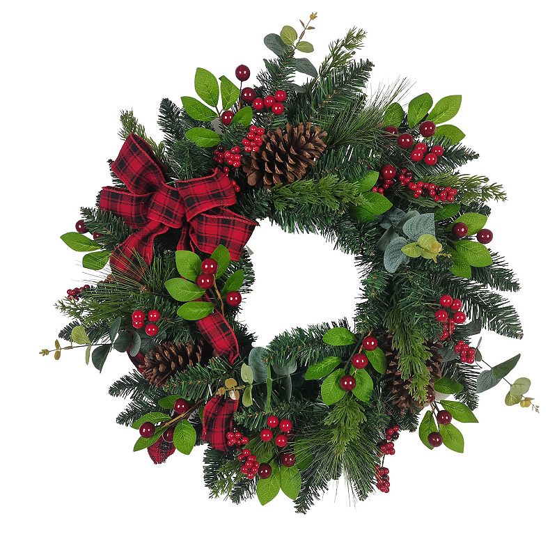 60871334 Artificial Berries Pinecone Ribbon Wreath, Green sku 60871334