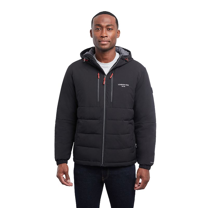 Size XL Men's London Fog Flex Stretch Hooded Puffer Coat,Black 