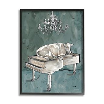 Stupell Home Decor Cow Resting on Piano Fancy Chandelier Framed Wall Art