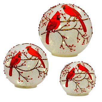 Melrose LED Cardinal Berry Christmas Globe Table Decor 3 pc Set